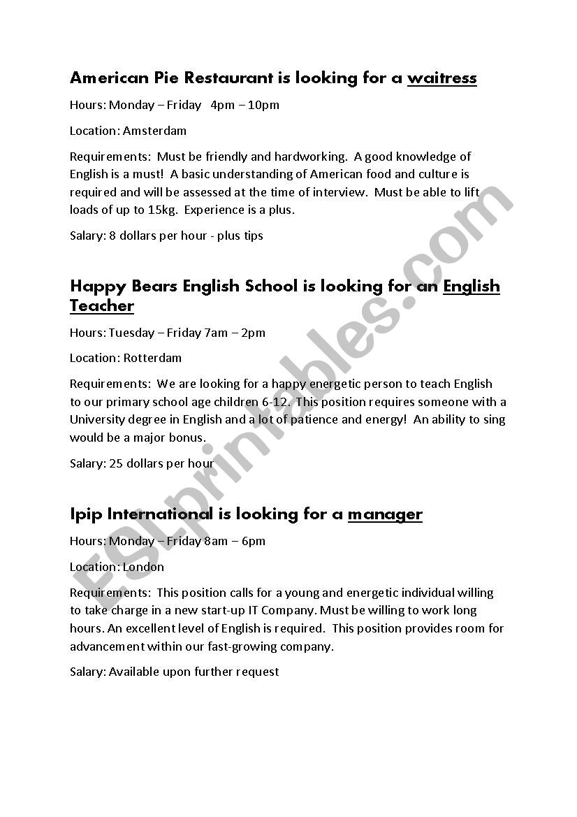 Fictive jobs vacancies  worksheet