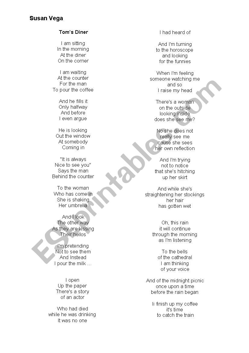 Tom´s Diner- song worksheet - ESL worksheet by kratushka