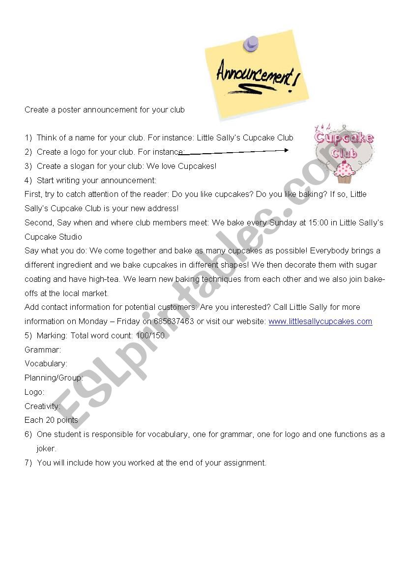 Lets create an announcement! worksheet