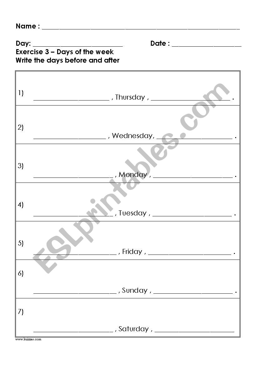 Ex 3 - Days of the week worksheet