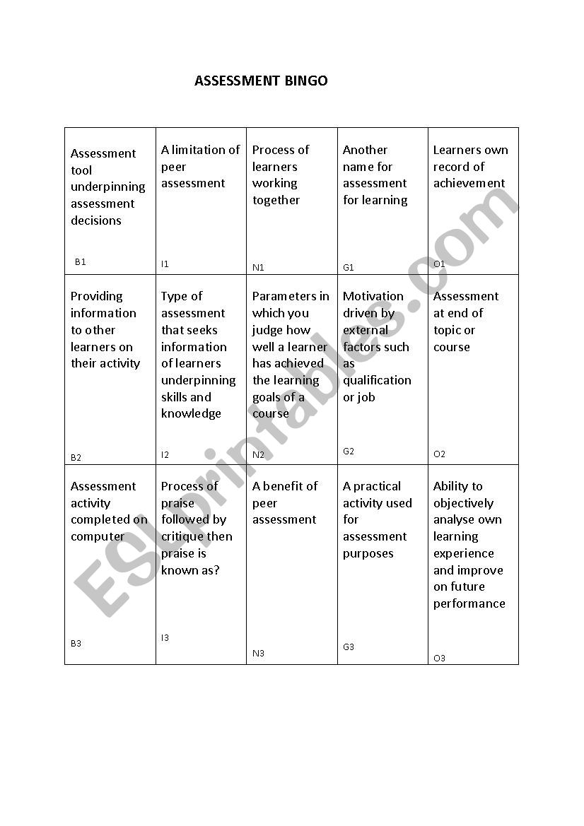 assessment bingo worksheet