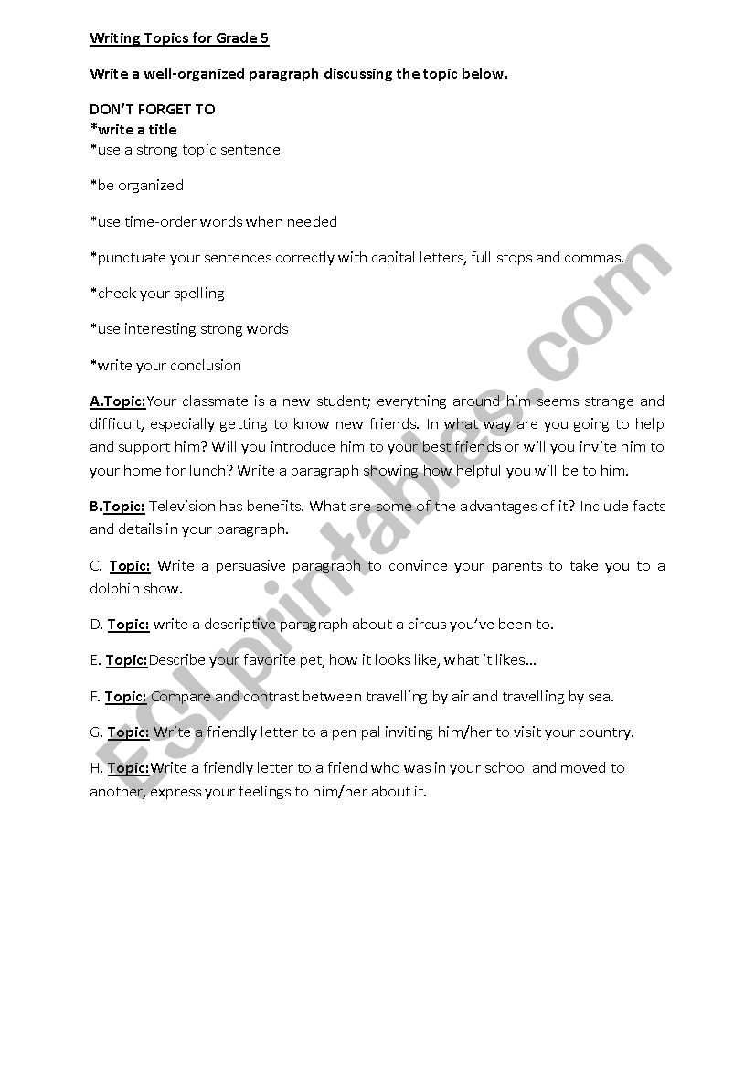 Writing Topics For Grade 5 ESL Worksheet By ReemSancil