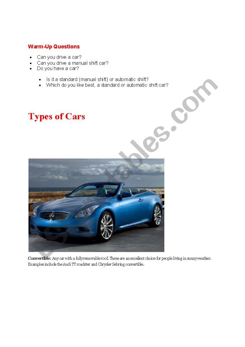 Types of Cars & Dialogue worksheet