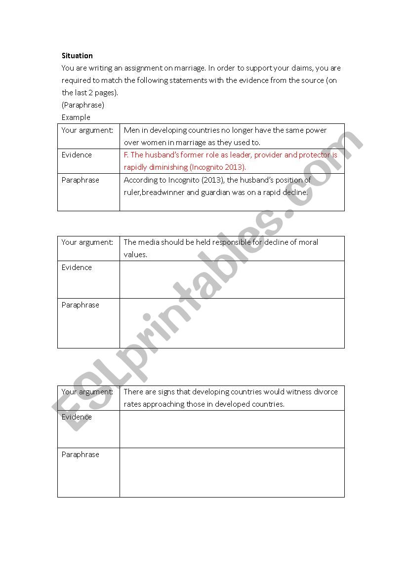 situations worksheet