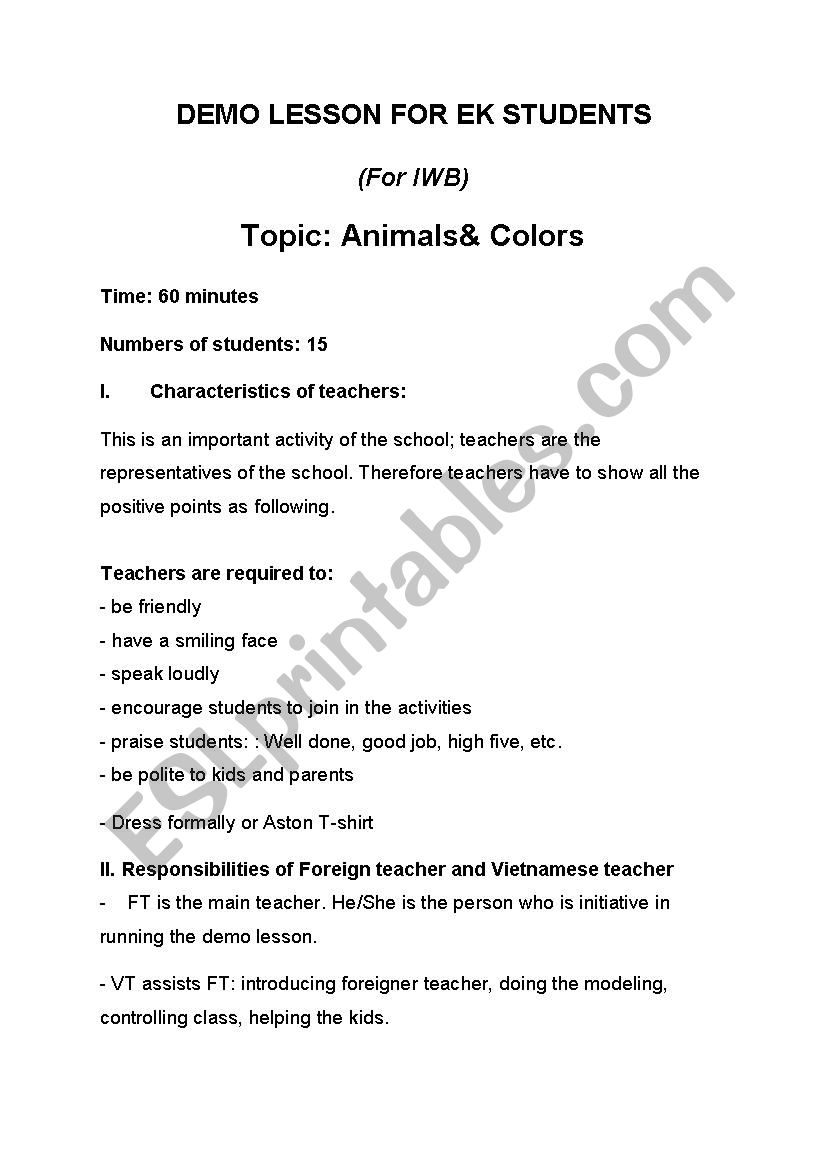 Animals - Demo Lesson Plan - ESL worksheet by hannguy0284