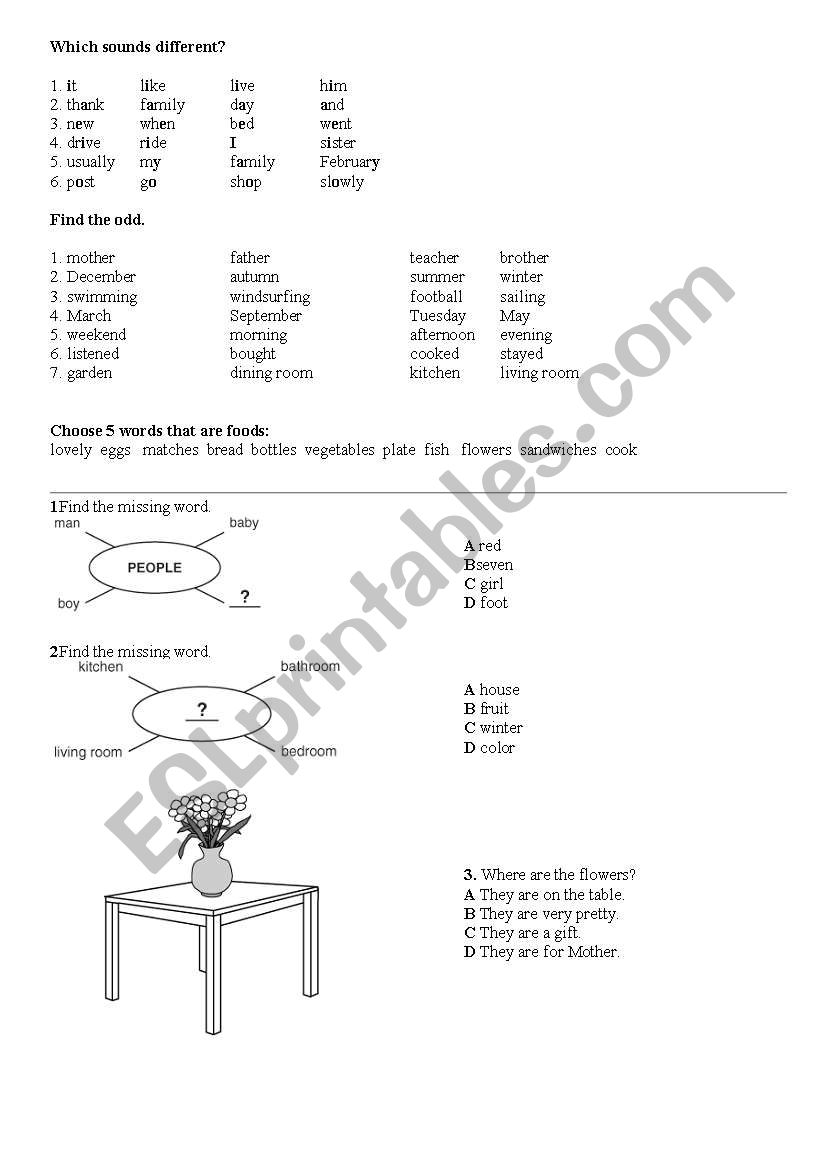 Elementary vocabulary test worksheet