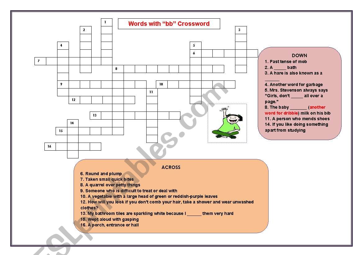 English worksheets: Words with bb Crossword