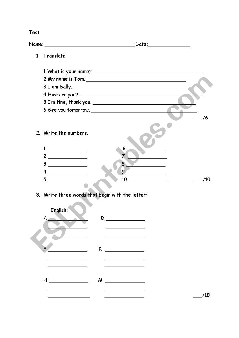 Elementary test worksheet