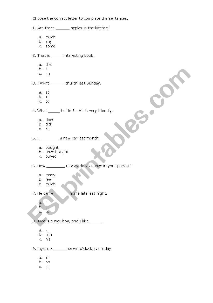 test worksheet