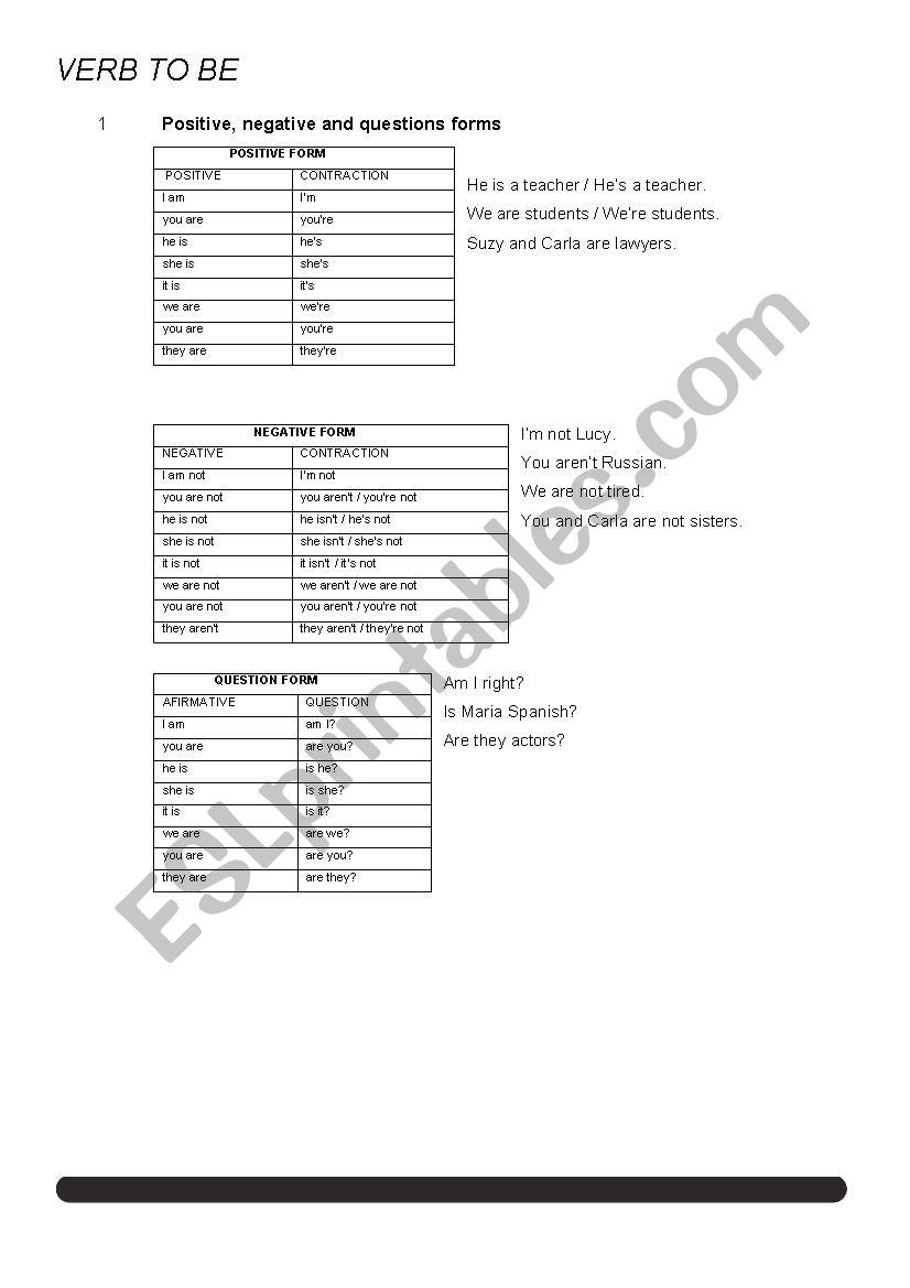 Verb to be grammar reference worksheet