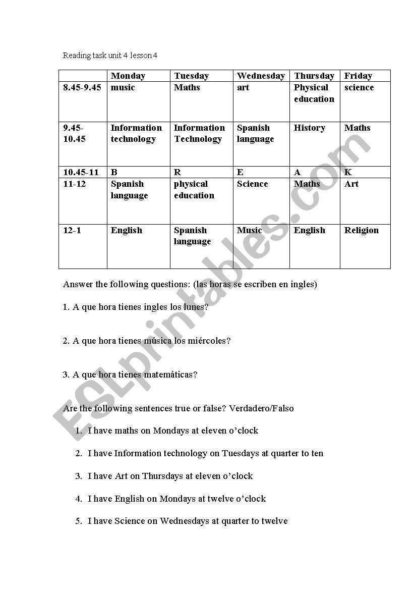 english worksheets school timetable reading task