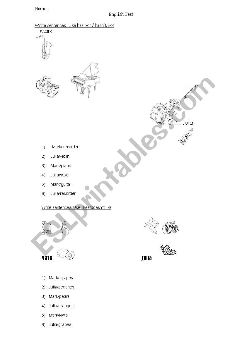 Test - likes and dislikes worksheet