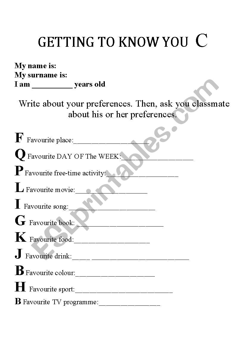 Personal Information worksheet