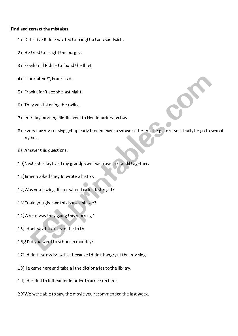 Find the mistakes worksheet