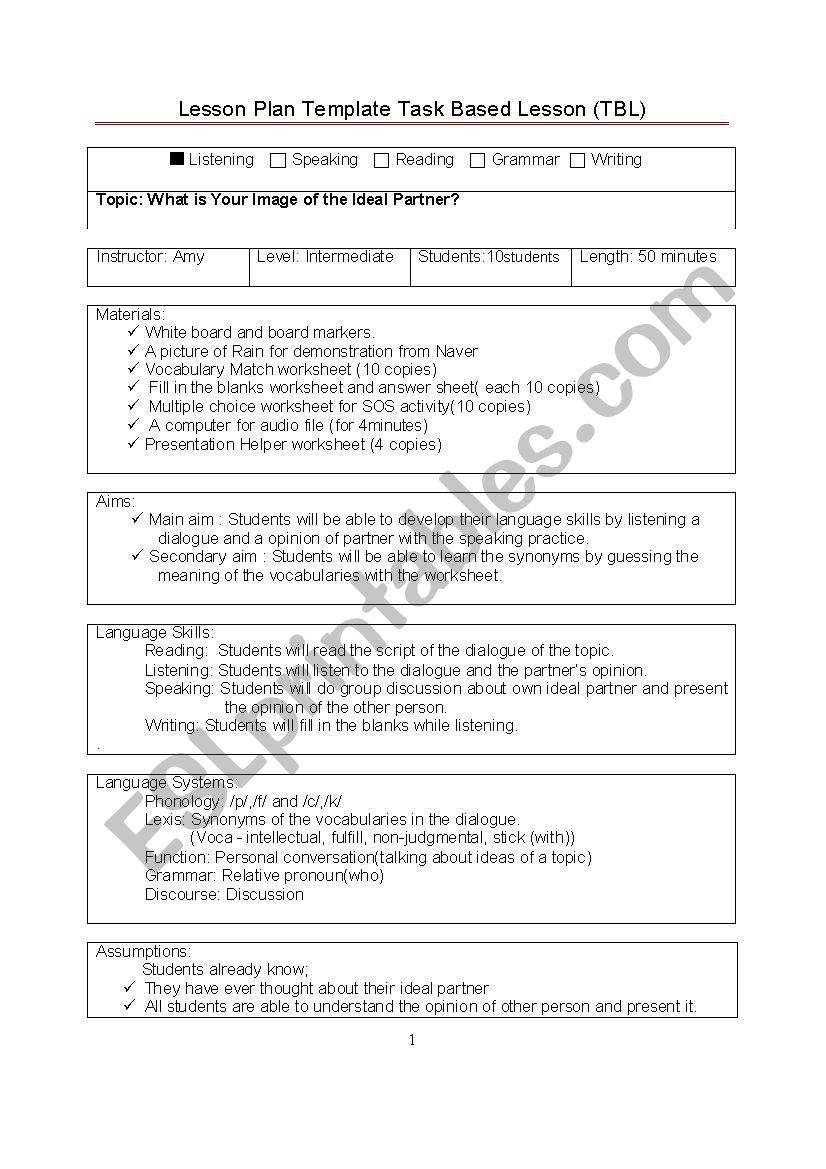 Listening Lesson Plan ESL Worksheet By SIEUNJUNG