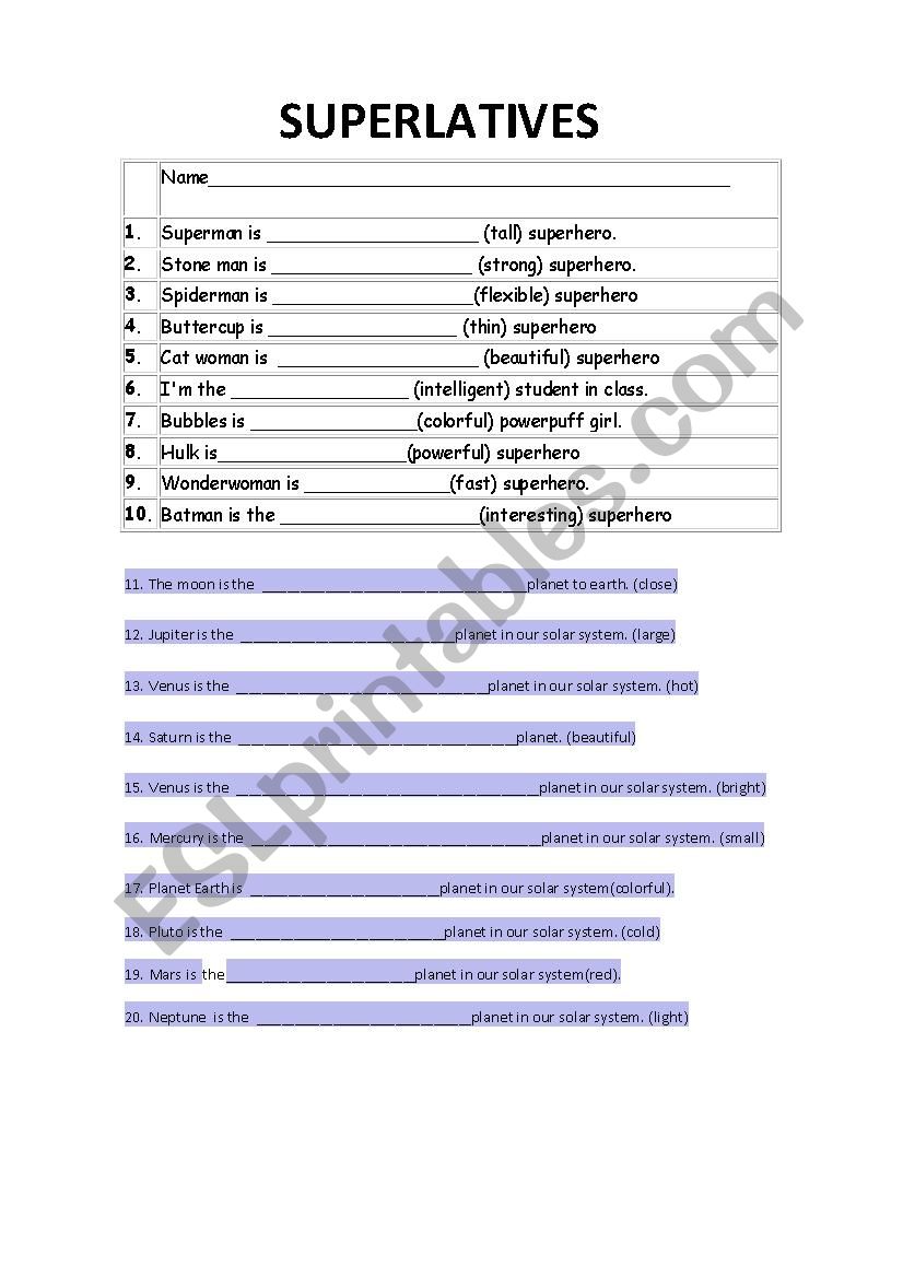 superlatives quiz worksheet