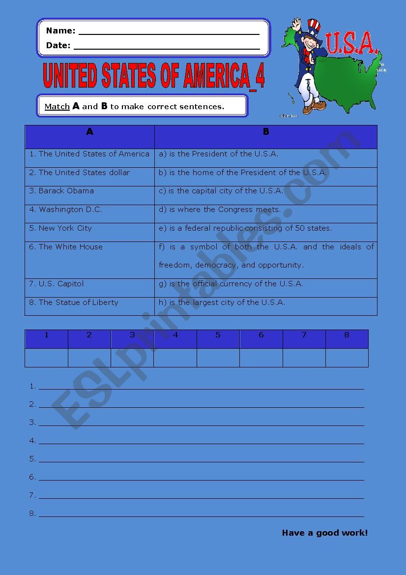 United States of America:4 worksheet