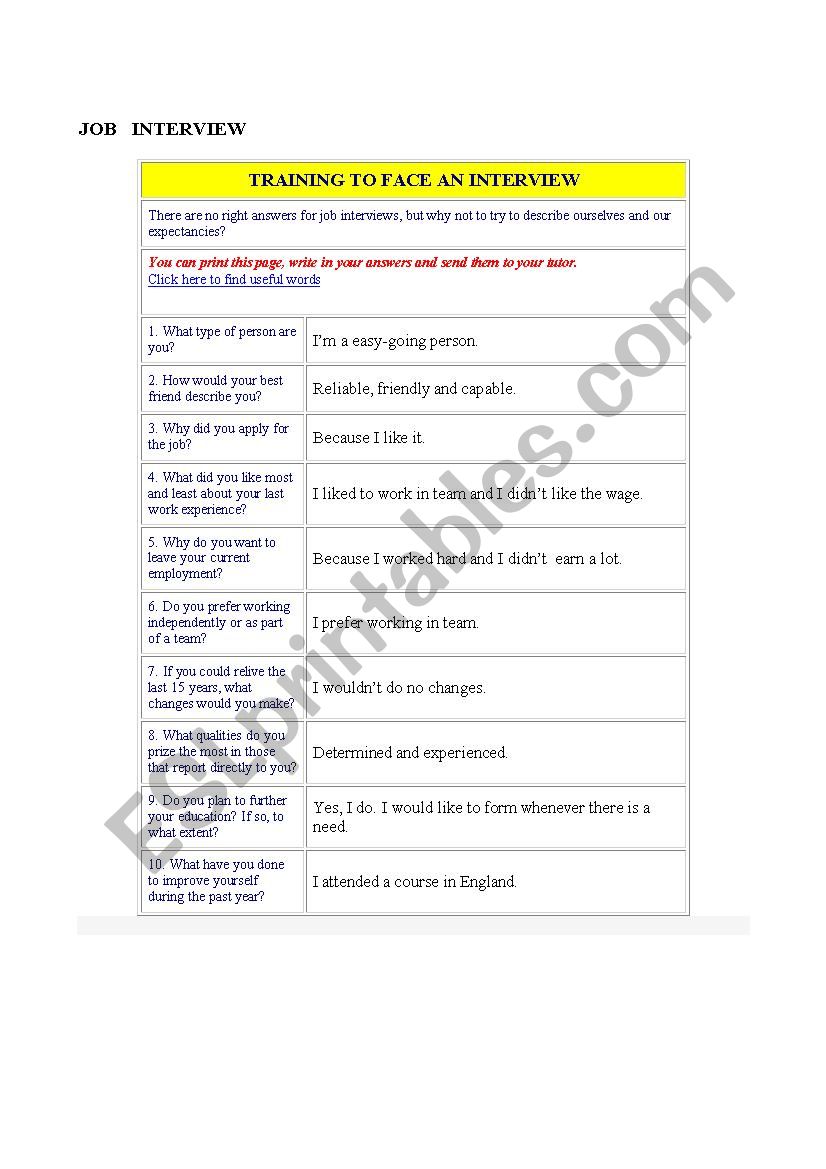 job interview worksheet