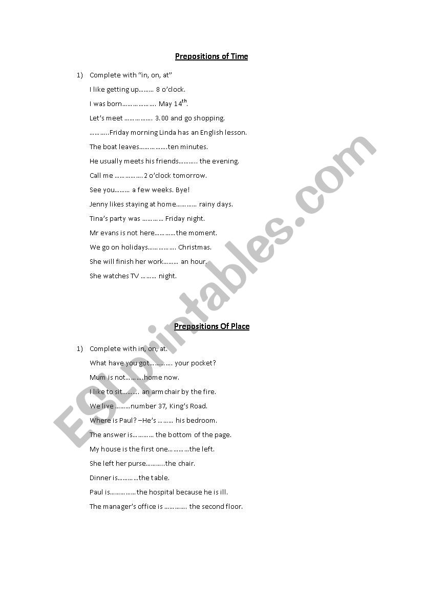 Prepositions  worksheet