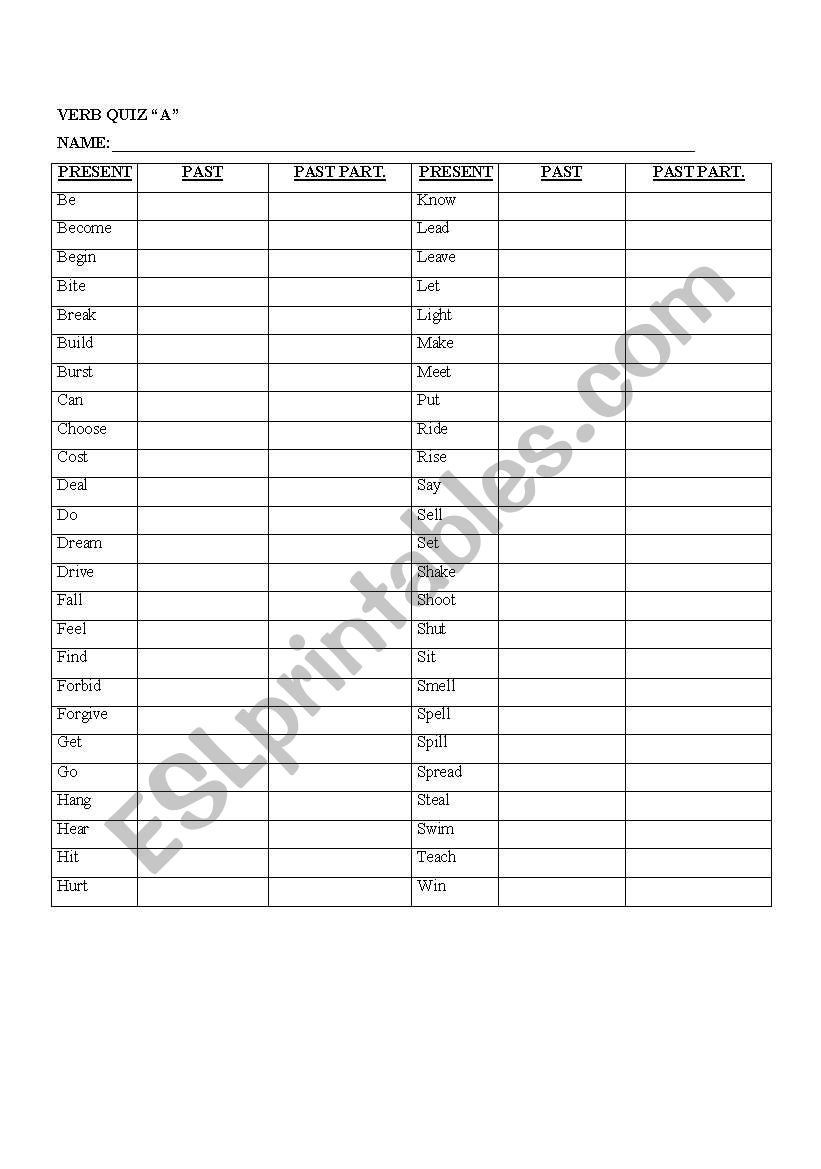 verb quiz worksheet