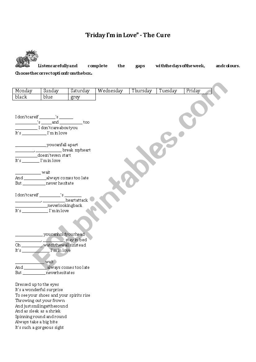 Friday Im in love worksheet