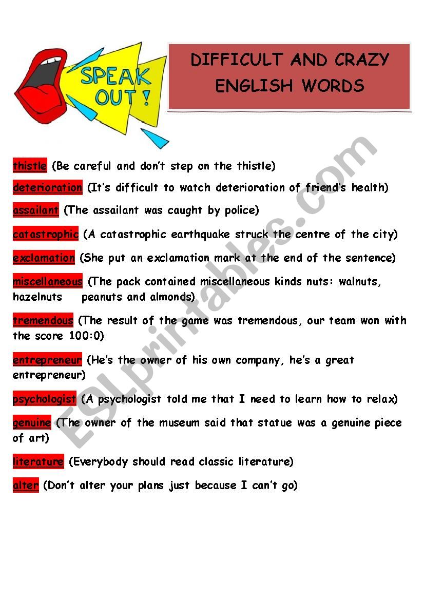 Difficult and Crazy words worksheet