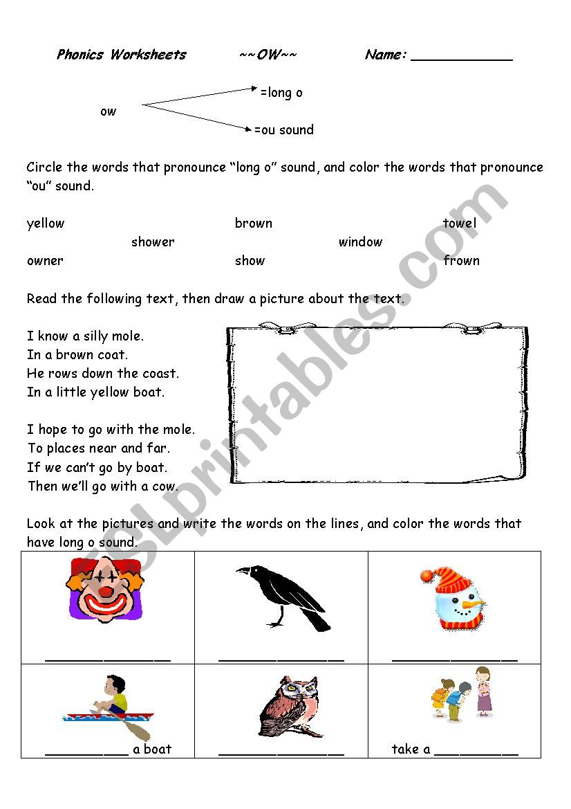 Phonics Worksheet ~~OW~~ sounds 