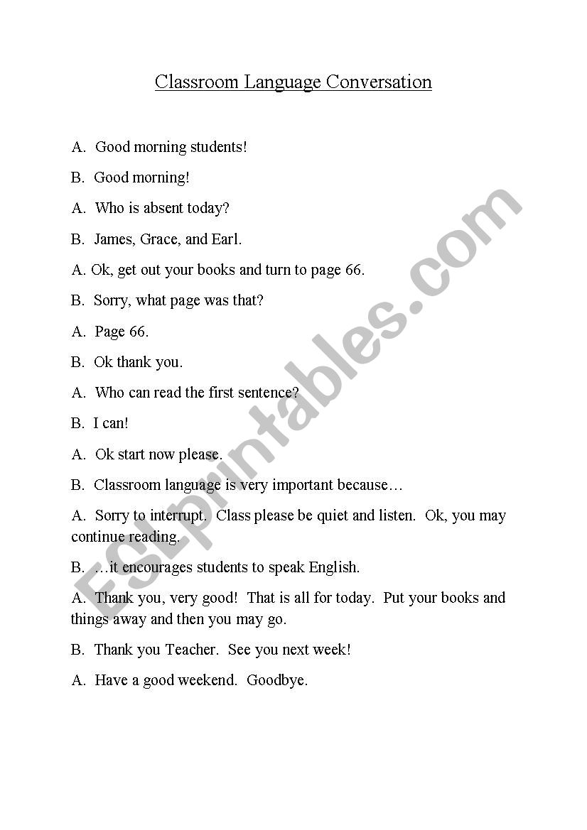 Classroom Language Conversation ESL Worksheet By Iancnuftbl