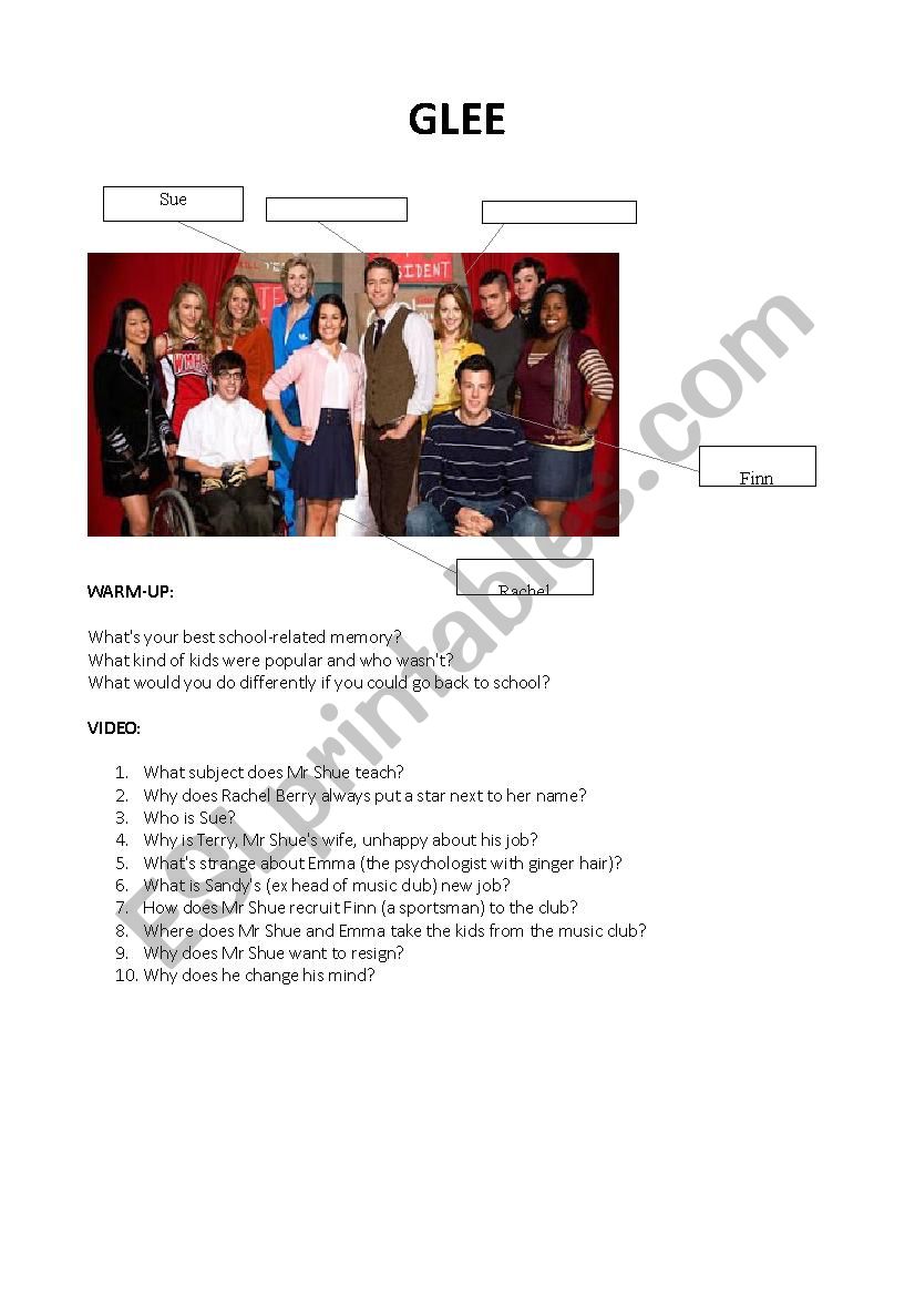 Glee, video worksheet worksheet