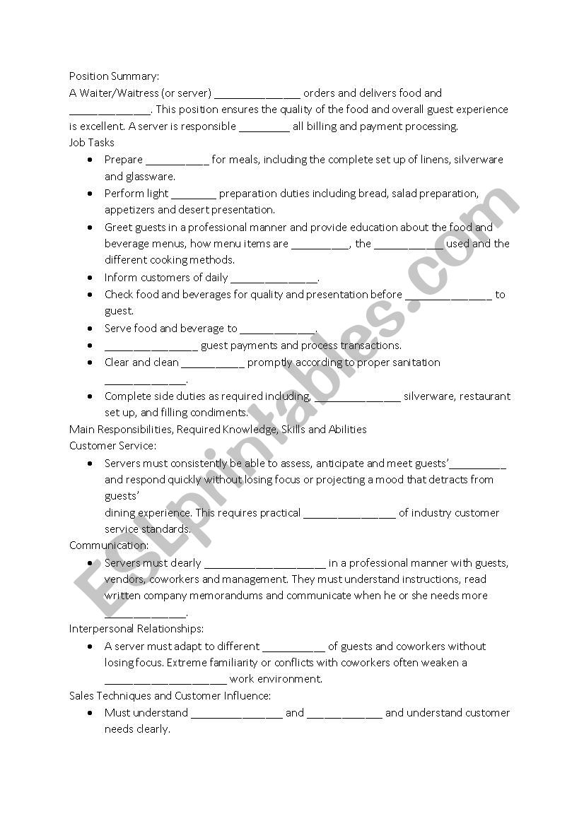 Waiters job worksheet