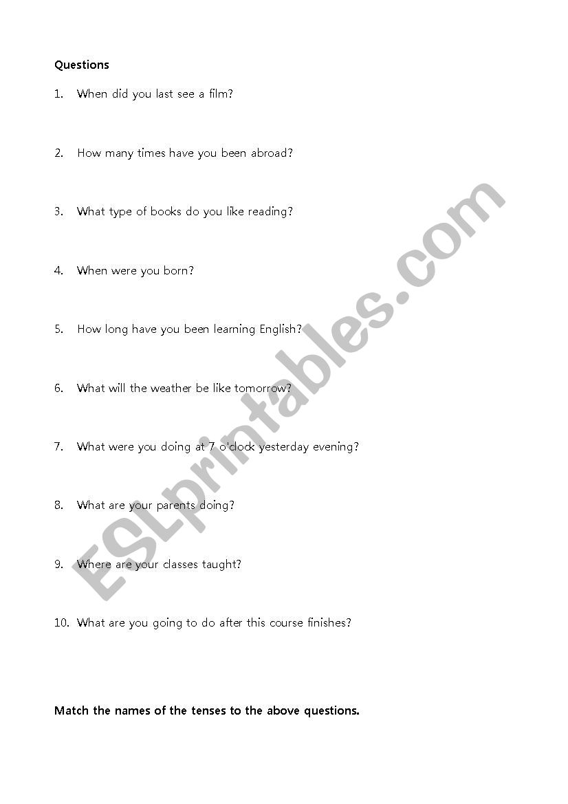 Tenses Review Questions worksheet