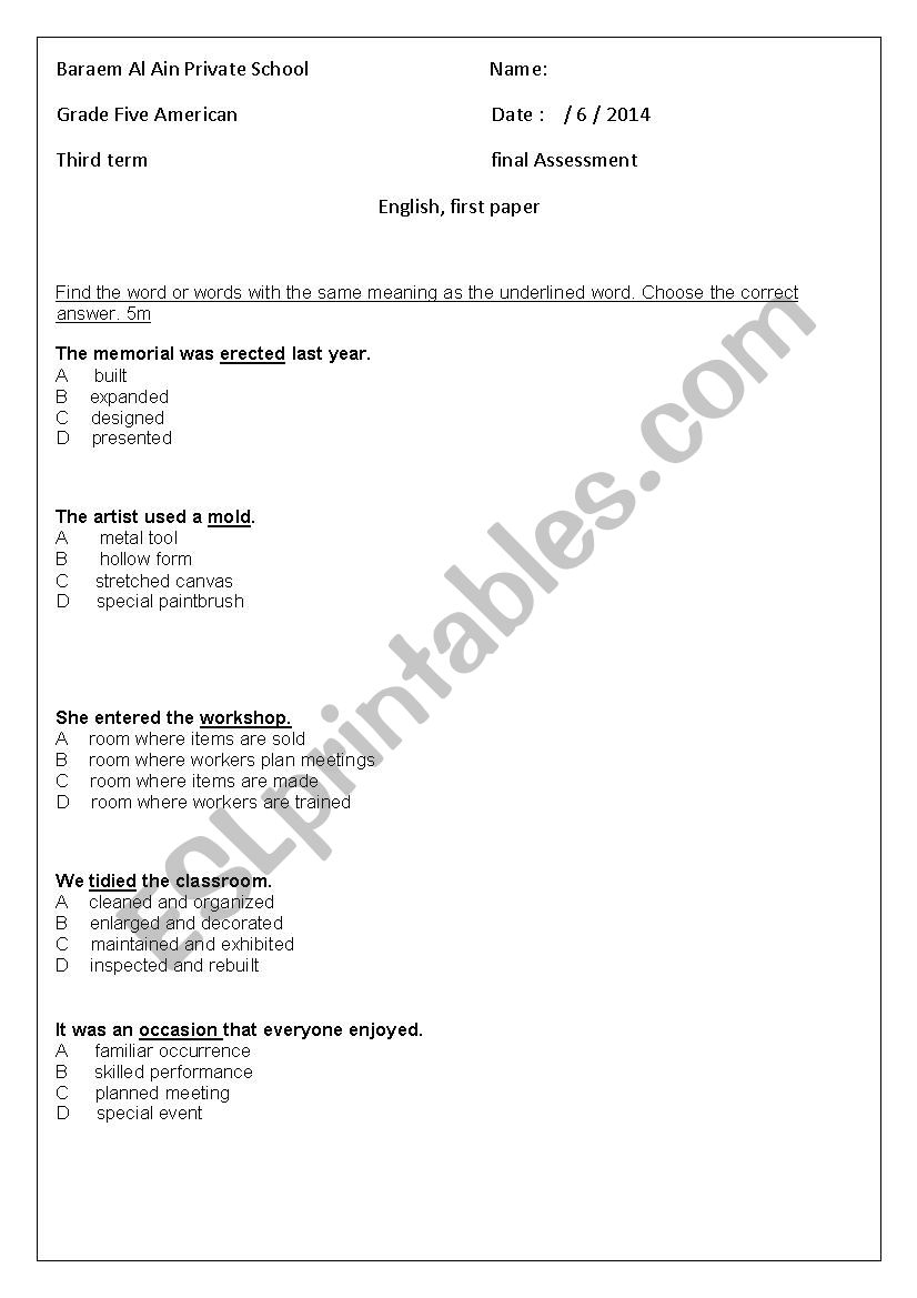 exams worksheet