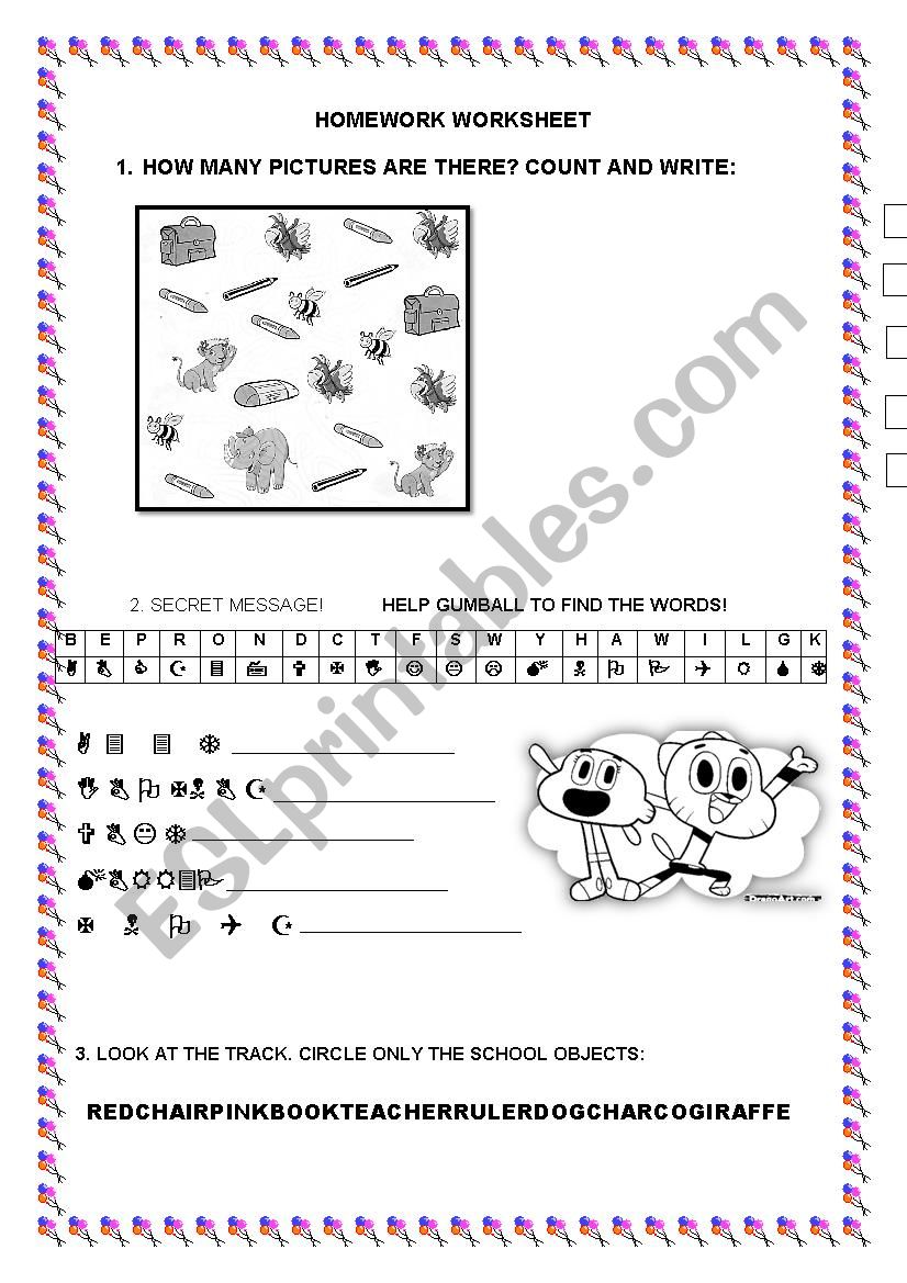 Numbers and School Objects worksheet