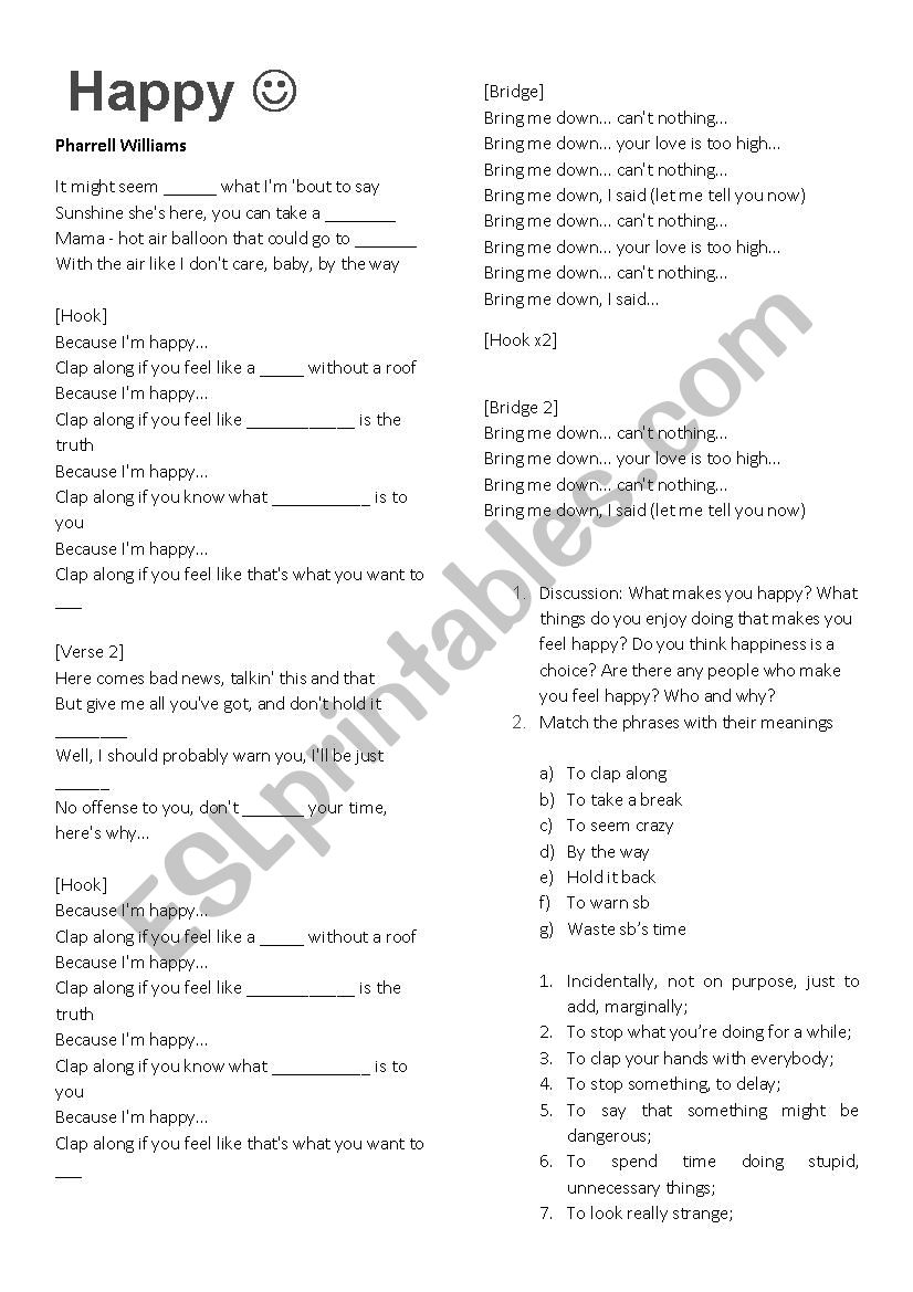 Happy- Pharrel  worksheet