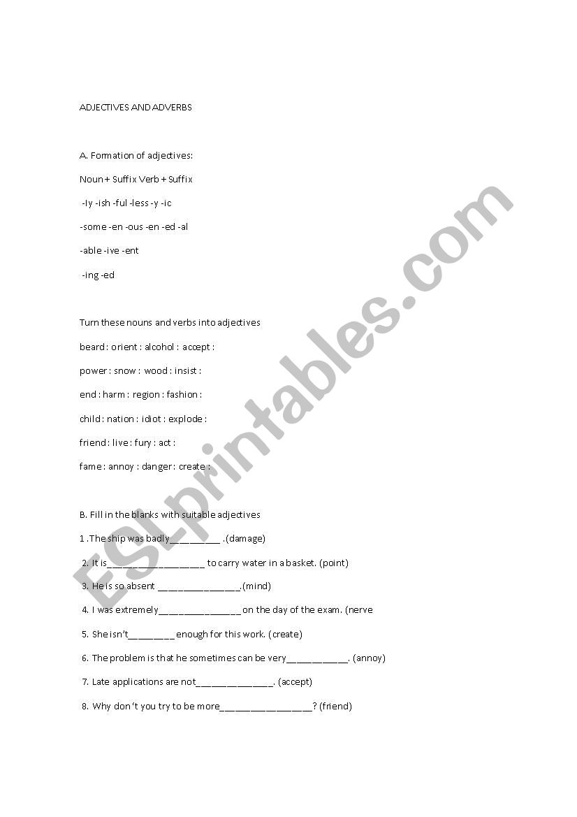 adjectives and advers  worksheet