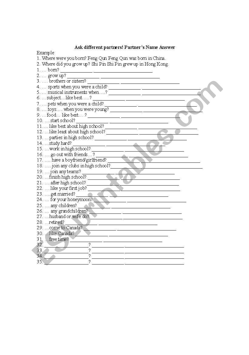 Interview your partner worksheet