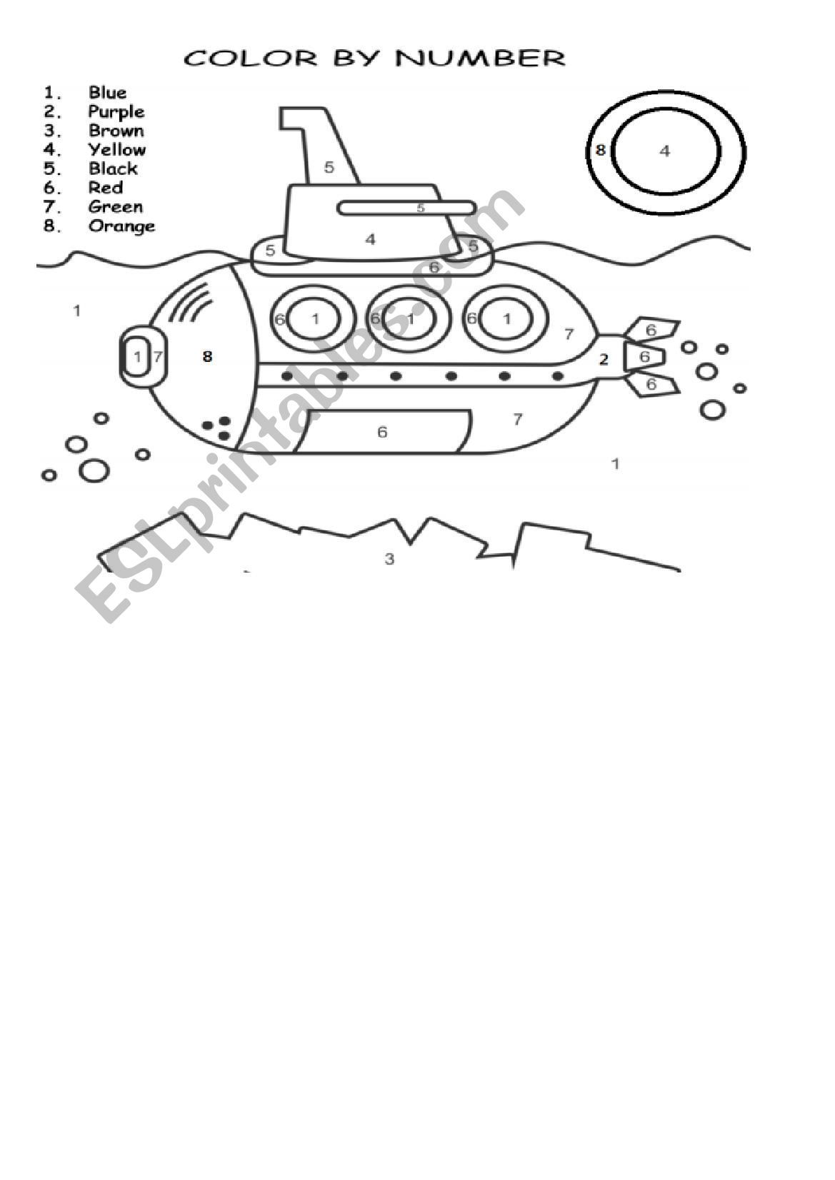 Submarine Paint by Number  worksheet