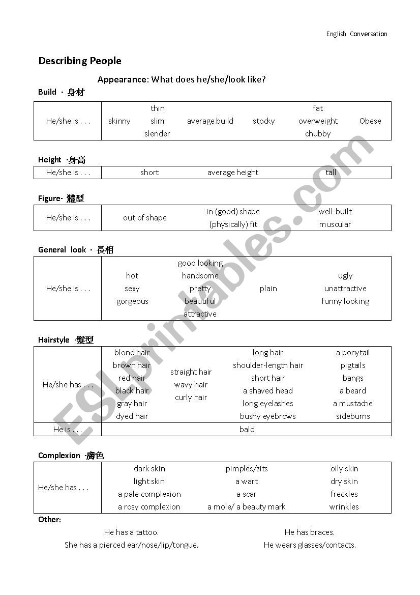 Appearance Vocabulary worksheet