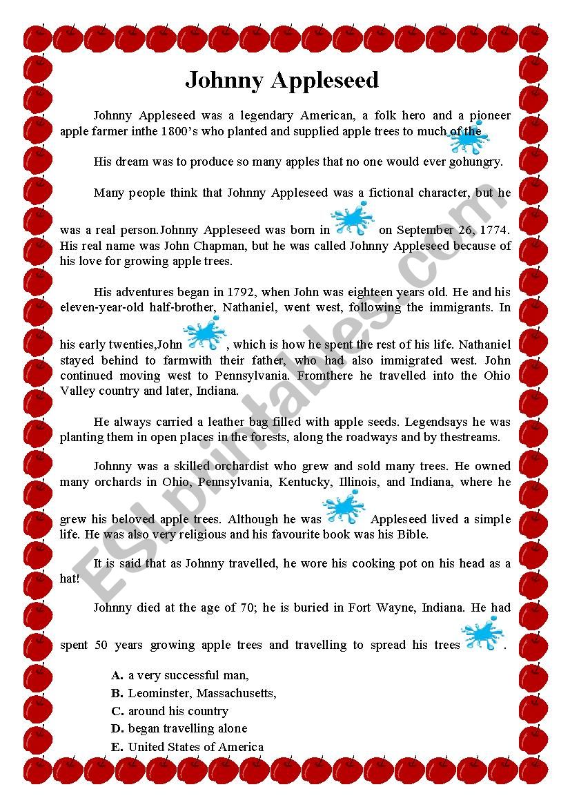 Johnny Appleseed worksheet