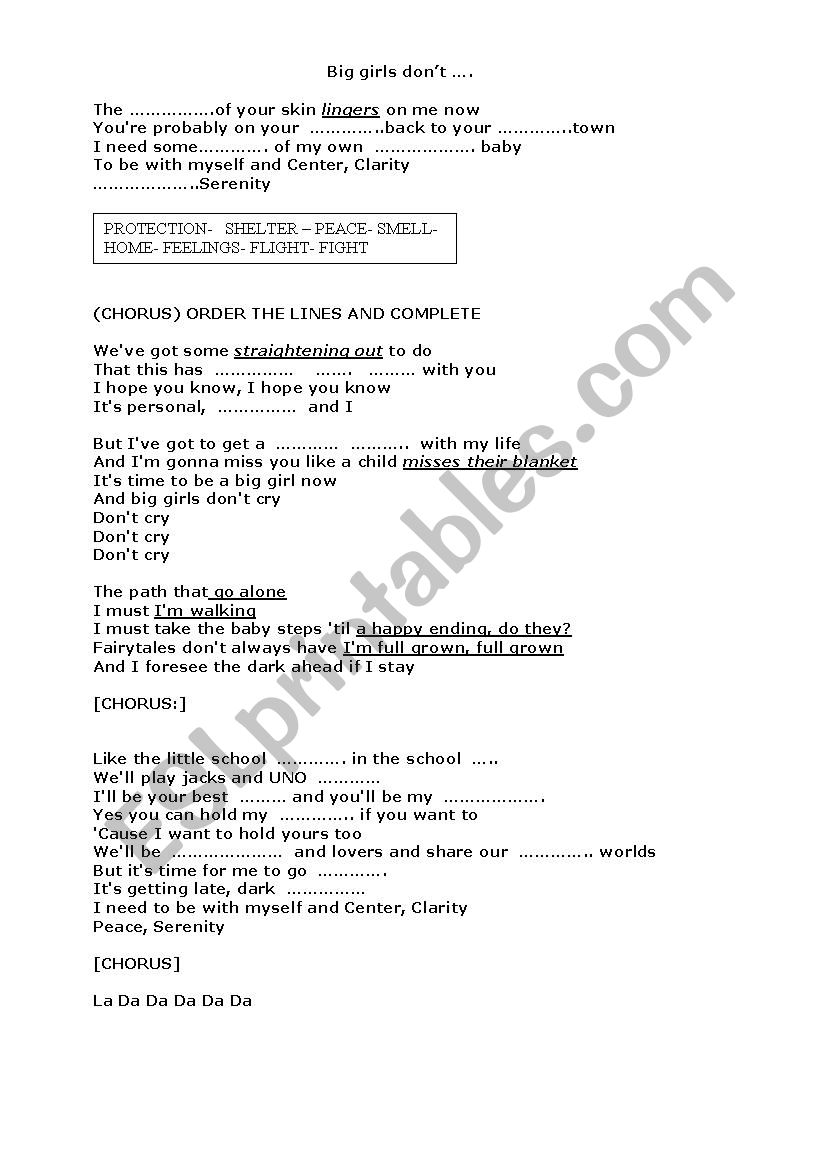 Big Girls Dont Cry worksheet