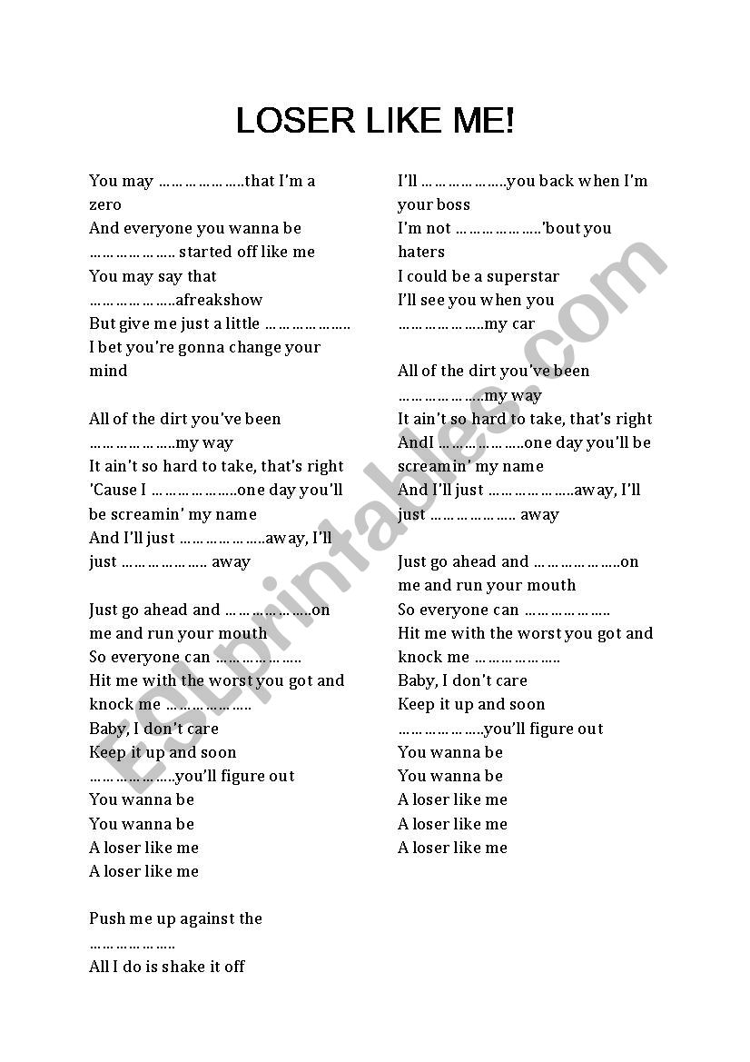 Loser like me (Glee) worksheet