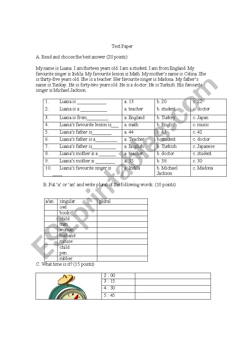 test paper worksheet