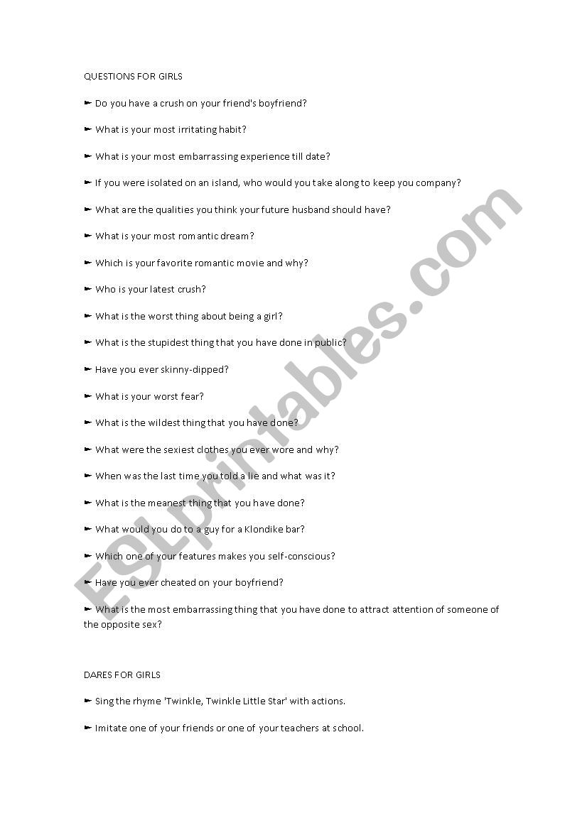 Truth Or Dare Questions Esl Worksheet By B Pascal