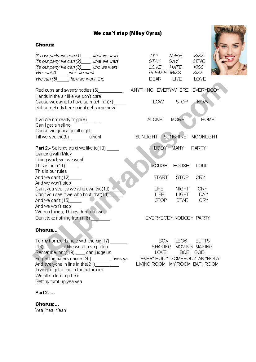 we cant stop (miley) worksheet