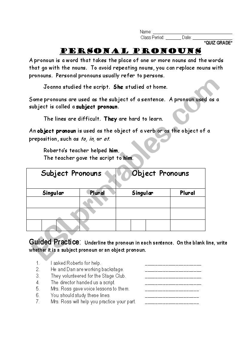 Personal pronouns worksheet