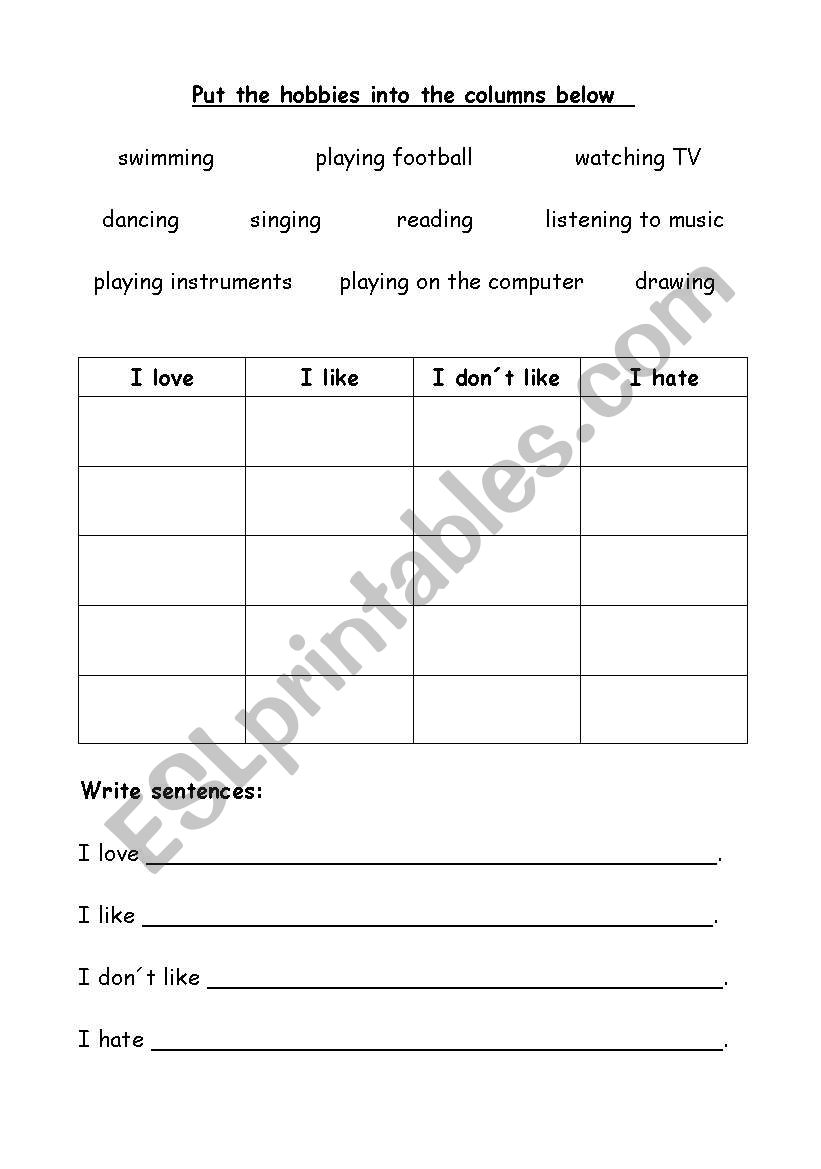 Hobbies - likes and dislikes worksheet