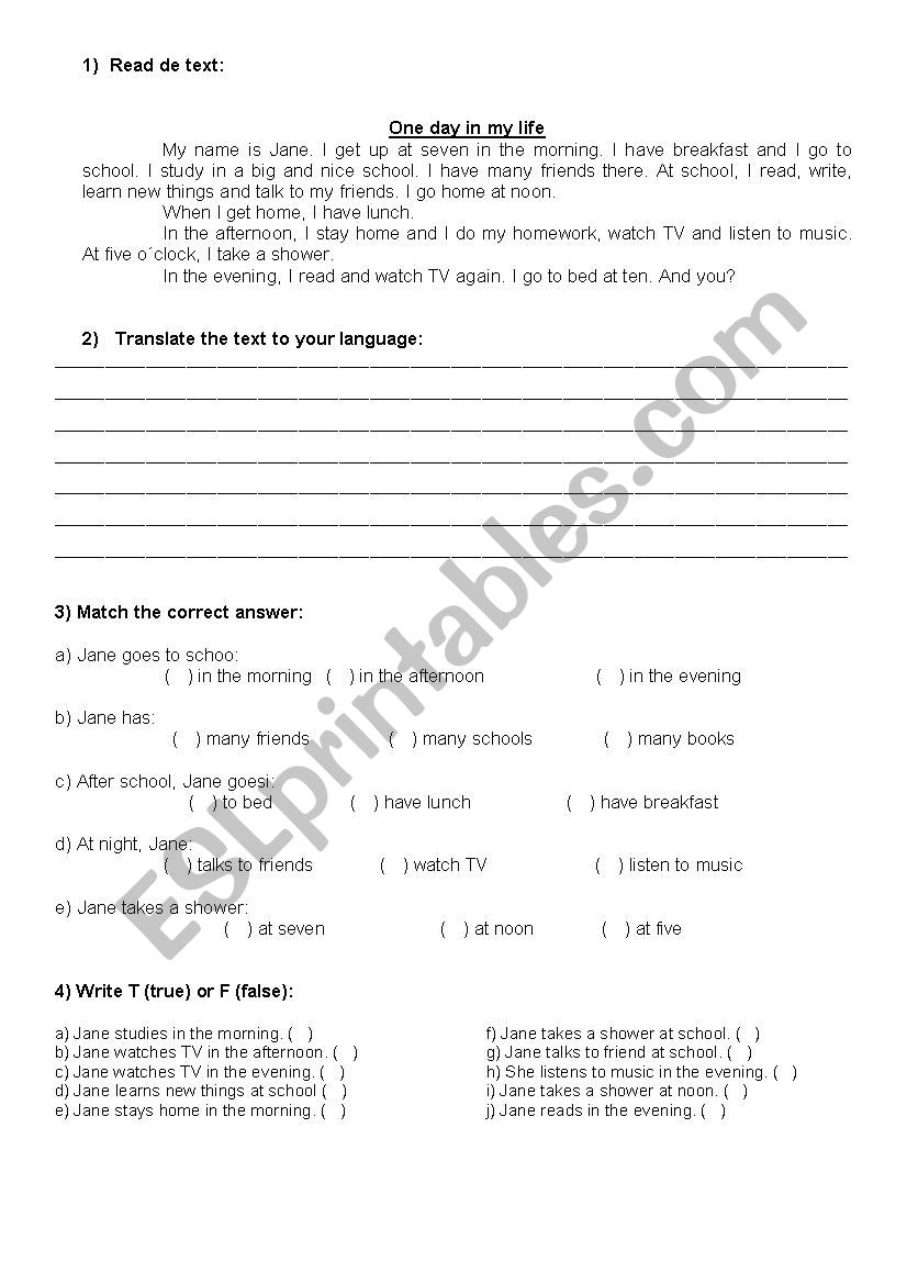 One day in Jane,s life worksheet