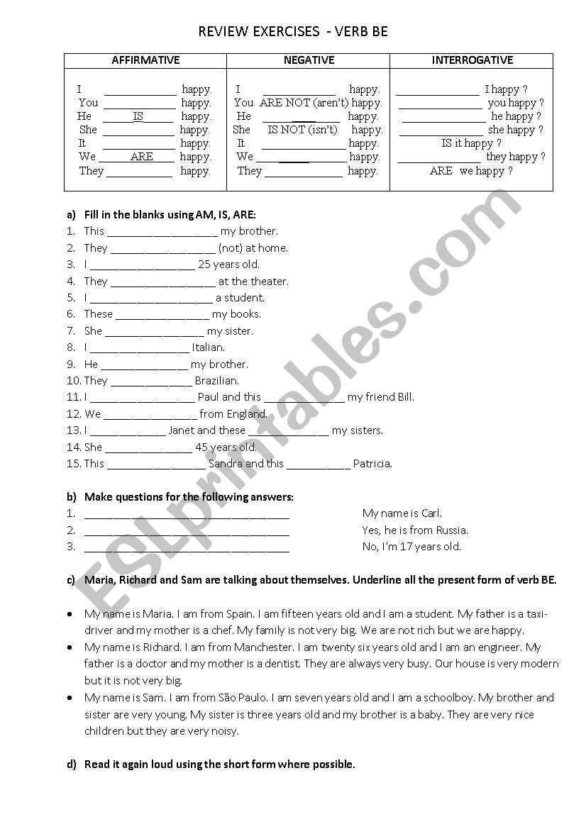Review VERB TO BE  worksheet