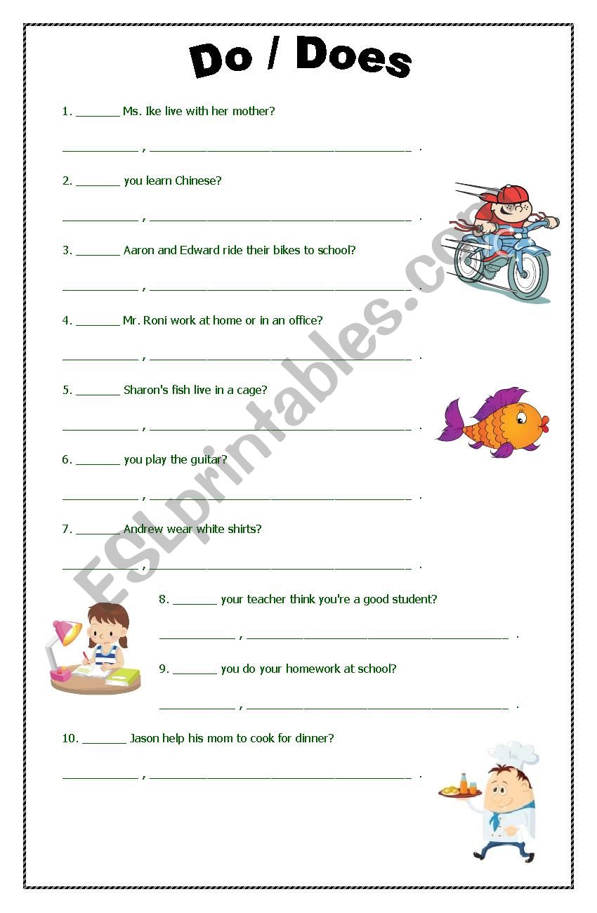 english exercise does do /  DOES INTERROGATIVES) EXERCISE DO ESL  (QUESTIONS