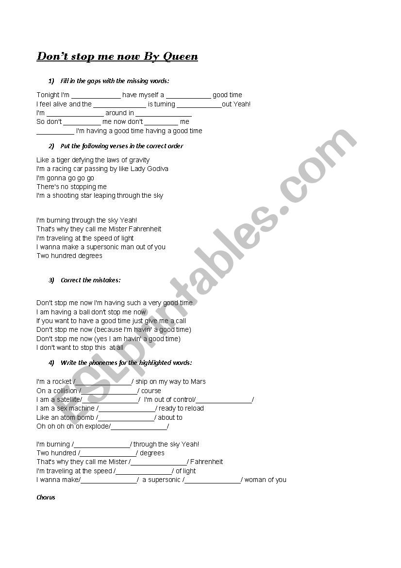 Dont stop me now by Queen worksheet